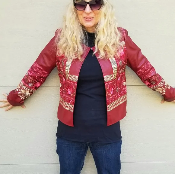 Tiramisu New Embroidered Vegan Leather Cropped Jacket, Small, $50 - Picture 11 of 15